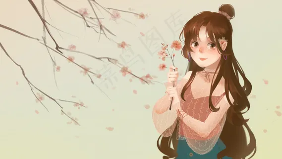 卡通手绘清新浪漫唯美春天粉樱花与文艺少女