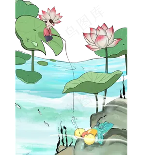 荷叶上的可爱男孩在钓鱼免抠图