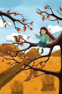 霜降节气小清新女孩秋天柿子