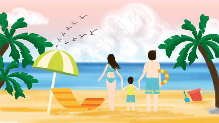 夏天海边旅游椰子树天空大海沙手绘肌理插画