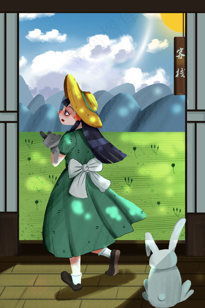 51劳动节旅游出游旅行少女风景卡通插画