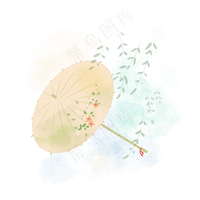 黄色古风柳叶水彩雨伞