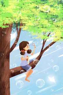 夏日小女孩树上吹泡泡梦幻治愈系