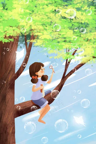 夏日小女孩树上吹泡泡梦幻治愈系