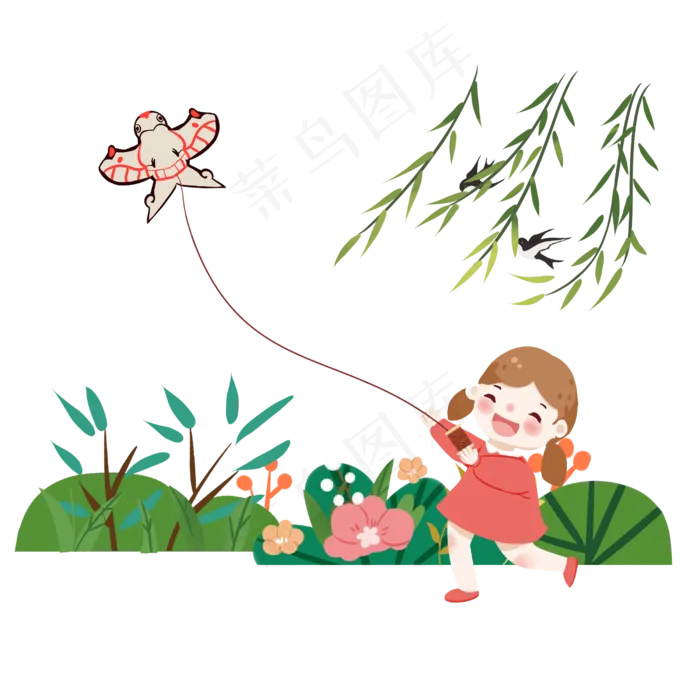 清明节放风筝的女孩,免抠元素