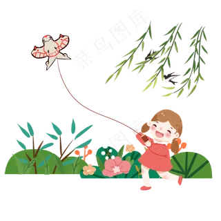 清明节放风筝的女孩,免抠元素