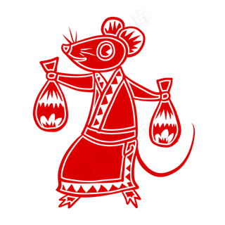 新年鼠年剪纸风拿钱袋老鼠,免抠元素