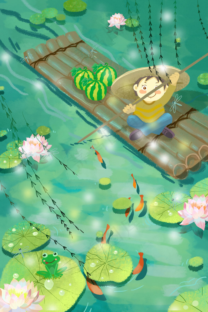 小暑节气绿色荷塘小舟(3545*5315px 300 dpi )psd模版下载