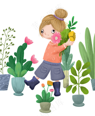 手绘卡通站在盆栽中间的女孩免扣