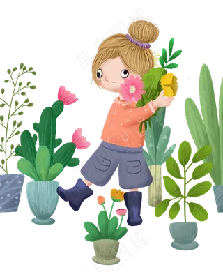 手绘卡通站在盆栽中间的女孩免扣