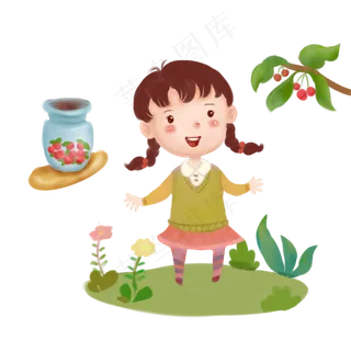 小女孩快乐地在果园摘樱桃