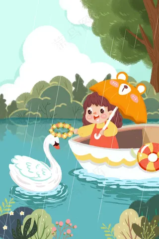 蓝色小清新谷雨女孩划船天鹅