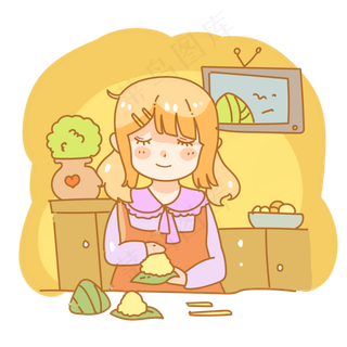 端午节包粽子少女