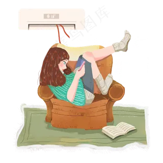 大暑女孩在家吹空调png素材