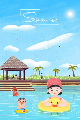 夏日海边度假游泳小清新