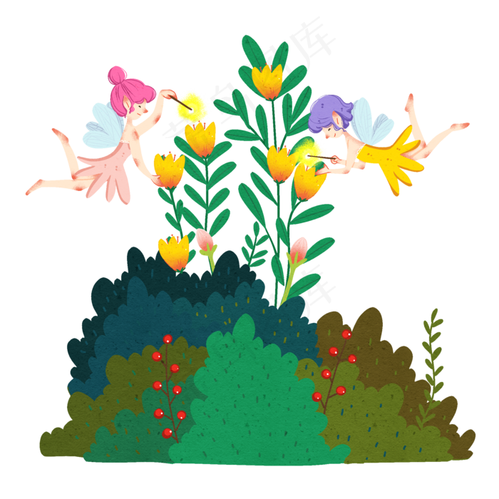 春姑娘人物和植物插画