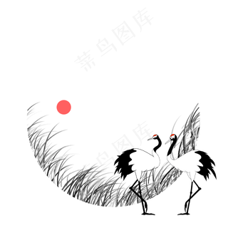 黑白水墨仙鹤红日装饰