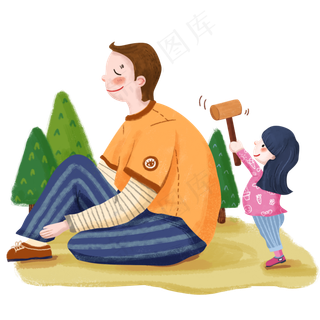 感恩节卡通手绘风女儿给父亲敲背,免抠元素