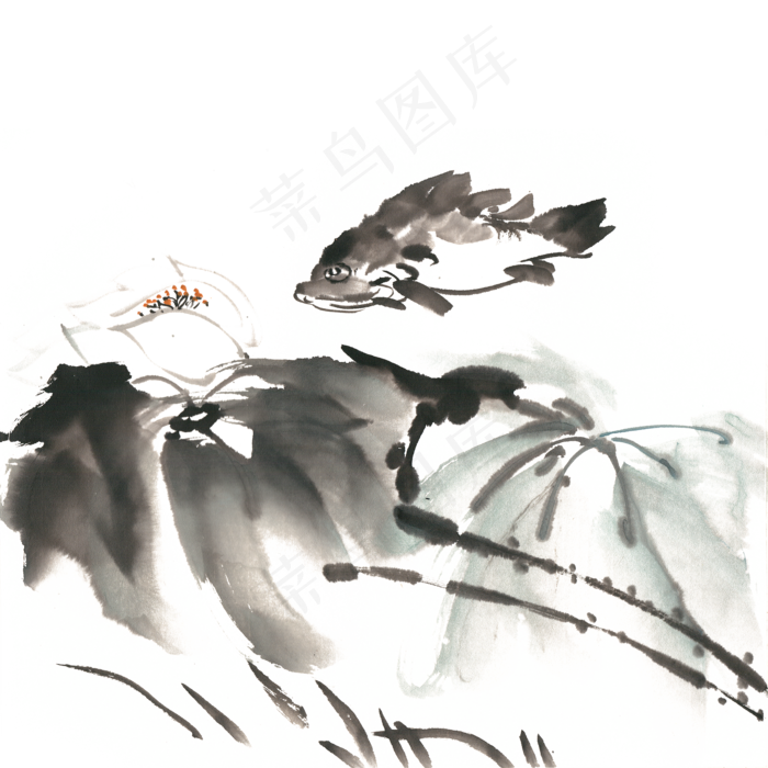 荷花与鱼水墨画PNG免抠素材