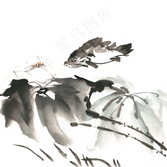 荷花与鱼水墨画PNG免抠素材(4724X4724(DPI:300))psd模版下载