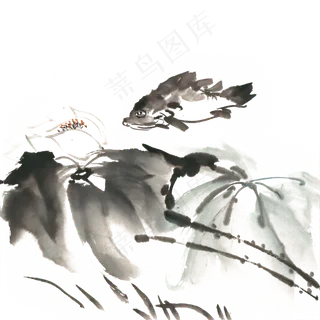 荷花与鱼水墨画PNG免抠素材 荷花与鱼水墨画PNG免抠素材