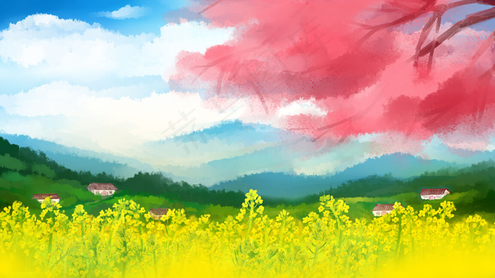 樱花树下远山农舍油菜花田(2880X1620(DPI:300))psd模版下载