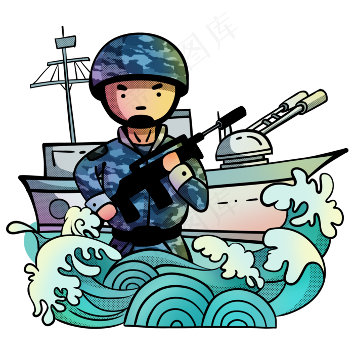 军人冷色系卡通手绘风海军免抠