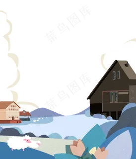 冬日欧洲小镇宁静湖水,免抠元素