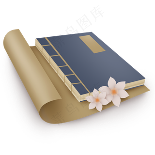 中国风书卷和花朵,免抠元素