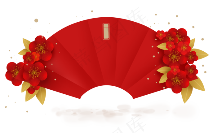 农历新年红梅折扇立体文字框,免抠元素