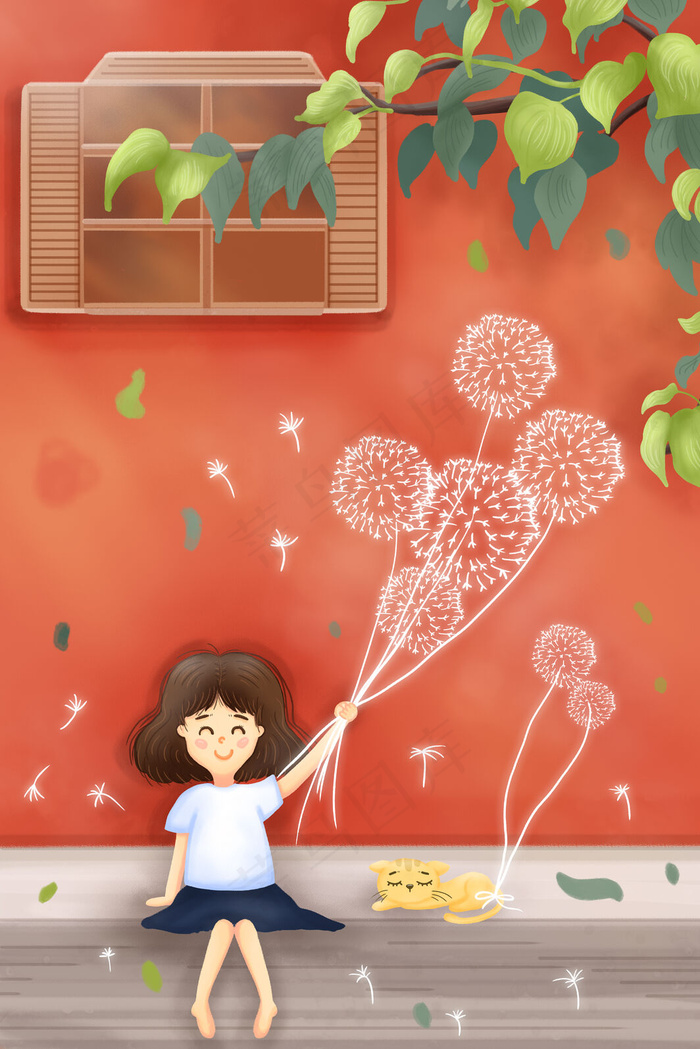 夏天女孩猫咪树叶蒲公英红墙窗户