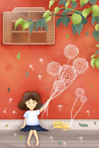 夏天女孩猫咪树叶蒲公英红墙窗户