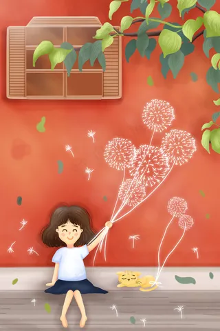 夏天女孩猫咪树叶蒲公英红墙窗户