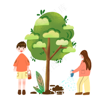 手绘男孩和女孩植树节辛勤育树
