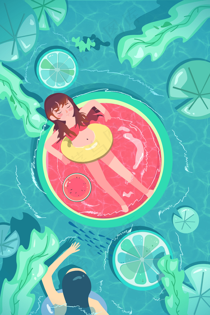 绿色夏天小暑期女孩在西瓜上游泳(3545*5315px 300 dpi )ai矢量模版下载