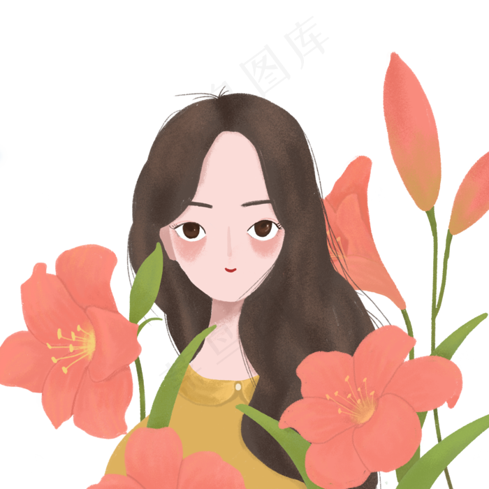 手绘人比花娇漂亮女生人物插画