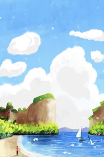 山峰大海小清新蓝天白云竖图