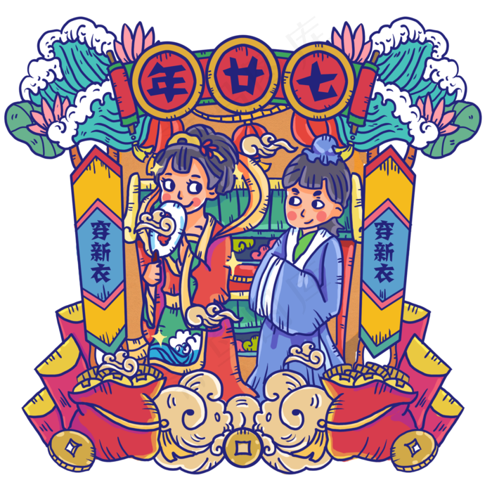 年廿七穿新衣年画古风(2000X2000(DPI:300))psd模版下载