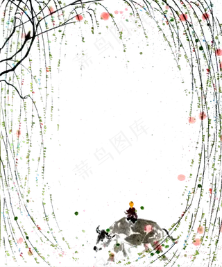 彩色绿柳牧童黄牛国画水墨春天清