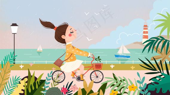 春天卡通小清新女孩雨中骑车配图
