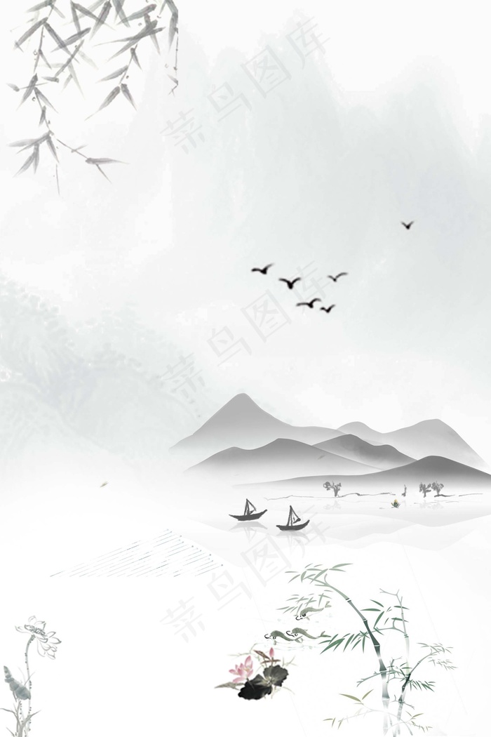 水墨春季河水春景(2000*3000px 	      )psd模版下载