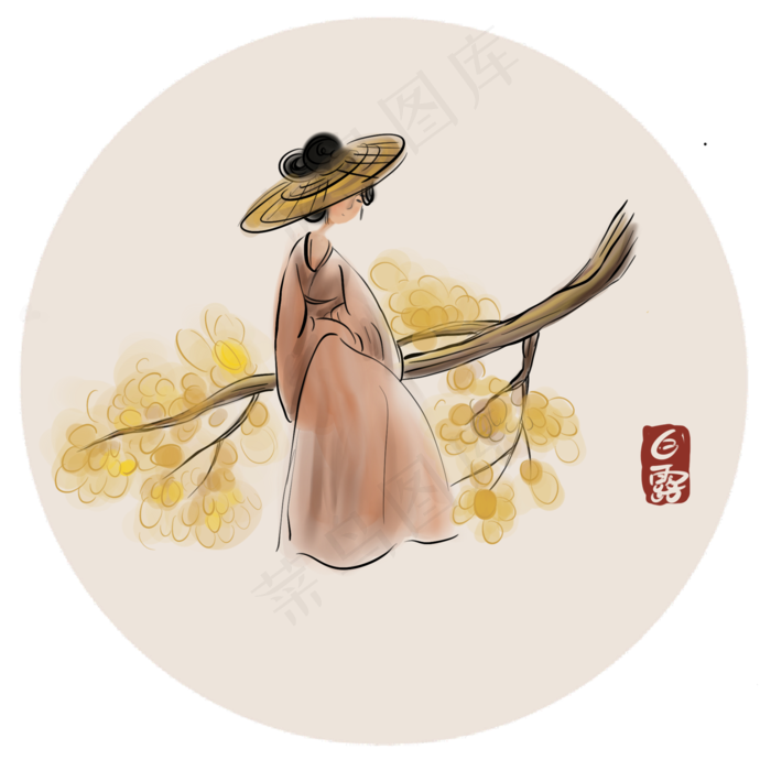 水墨秋天树木和古人,免抠元素