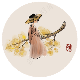 水墨秋天树木和古人,免抠元素