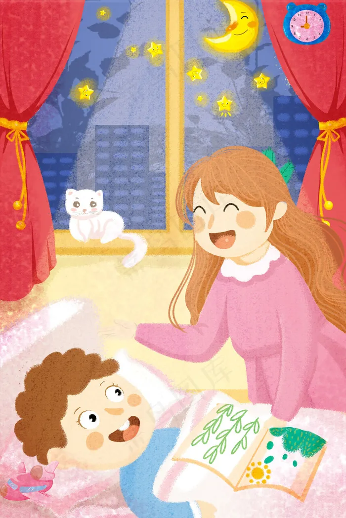 晚安夜晚扁平肌理妈妈讲故事(3545*5315px 300 dpi )psd模版下载