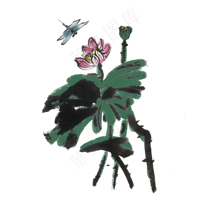 荷花荷叶蜻蜓水墨风手绘插画