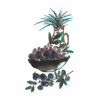 新鲜水果蓝莓手绘水墨风