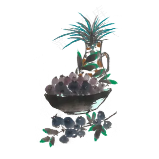 新鲜水果蓝莓手绘水墨风