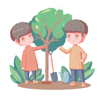 植树节种树人物卡通手绘免扣PNG