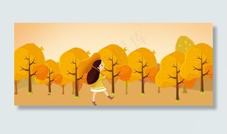 秋天森林中的小女孩风景