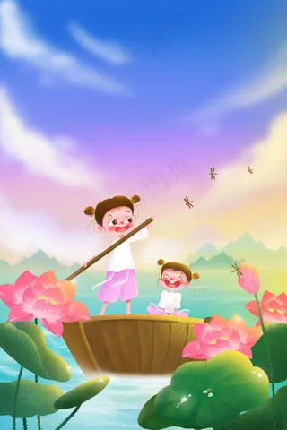 夏日女孩游湖划船